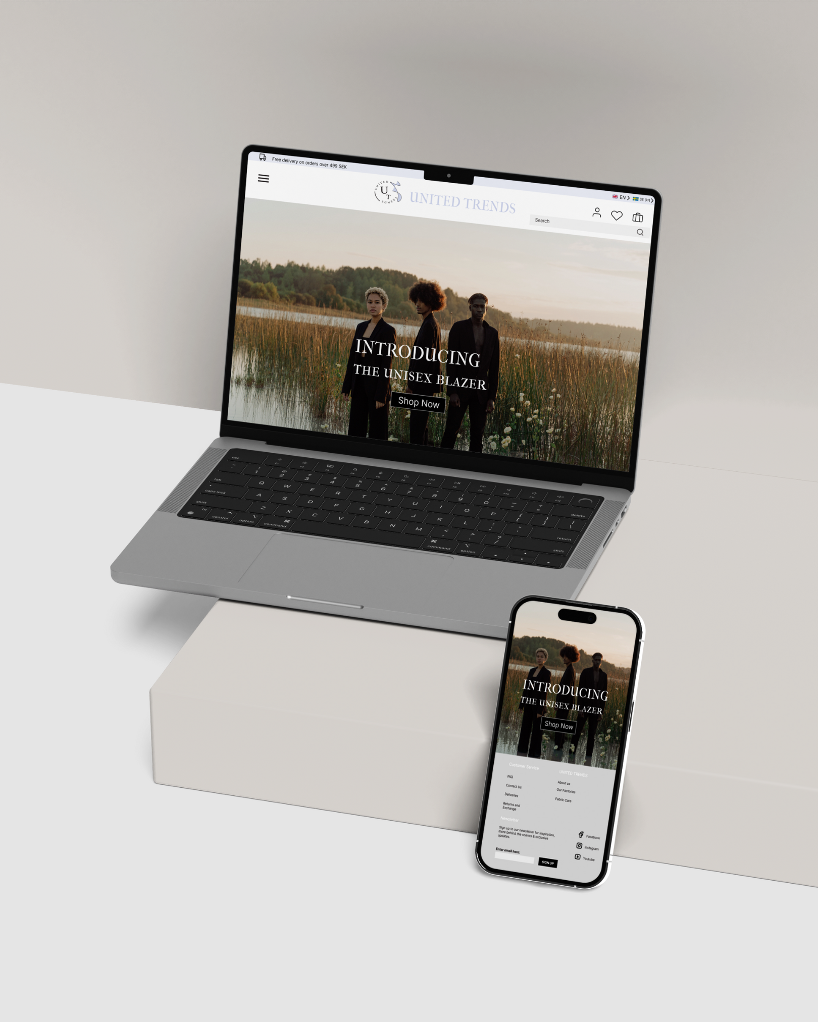 Computer screen displaying a website mockup for a clothing company, featuring a clean, modern layout with product images, navigation menu, and branded visuals.